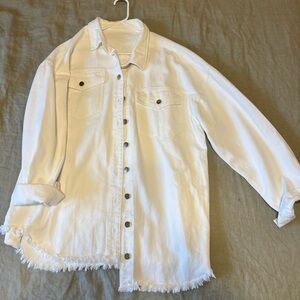 White Oversized Denim Shacket w/ Frayed Hem